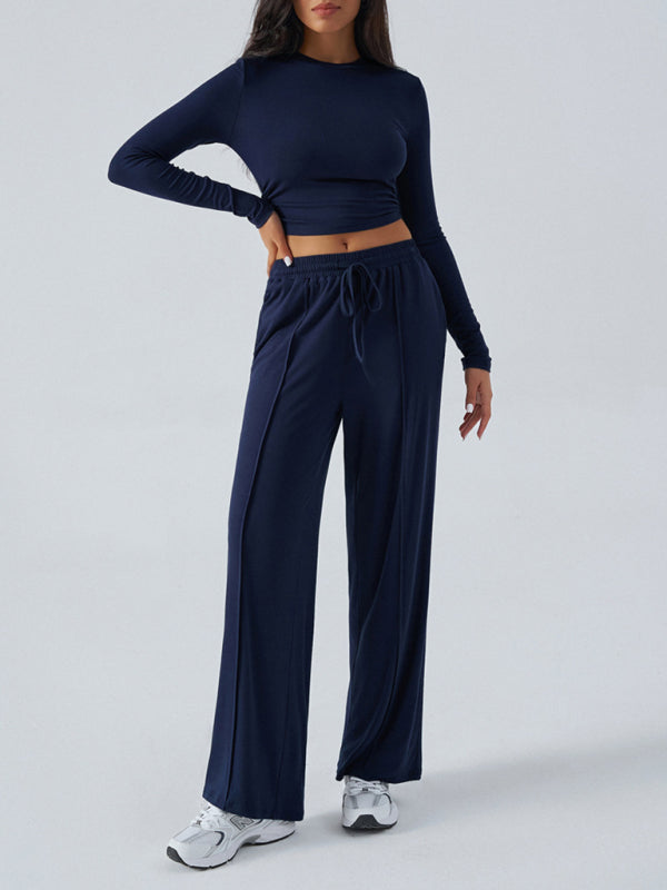 Women's Crew Neck Long Sleeve Top & Wide Leg Pants Set