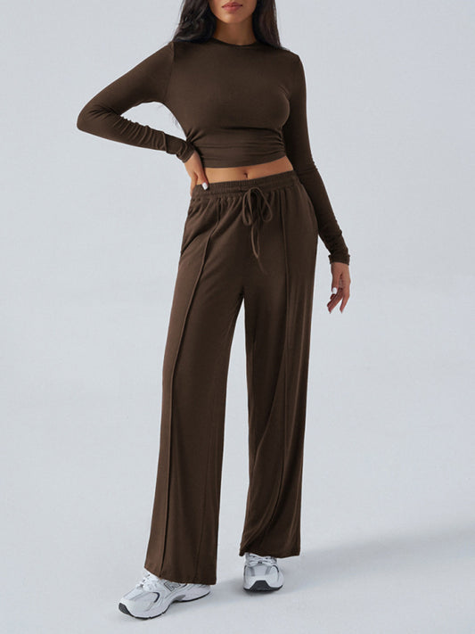 Women's Crew Neck Long Sleeve Top & Wide Leg Pants Set