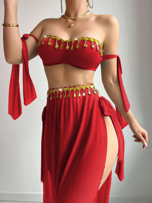 Women's Mesh Gold Leaf Tassel Bra & High Slit Skirt Lingerie Set